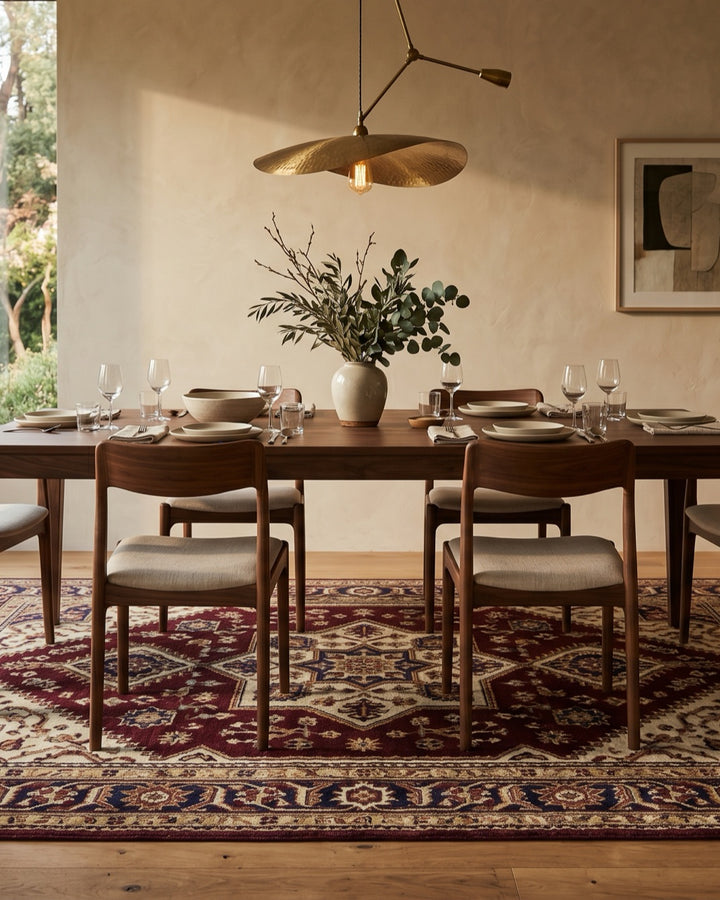 Geometric Mamluk wool rug in deep burgundy under a walnut dining table