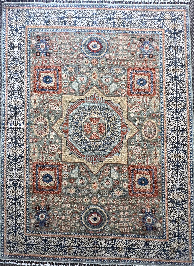 Hand-knotted Mamluk wool rug 7.9 x 5.8 feet Afghan artisan luxury Oriental area rug