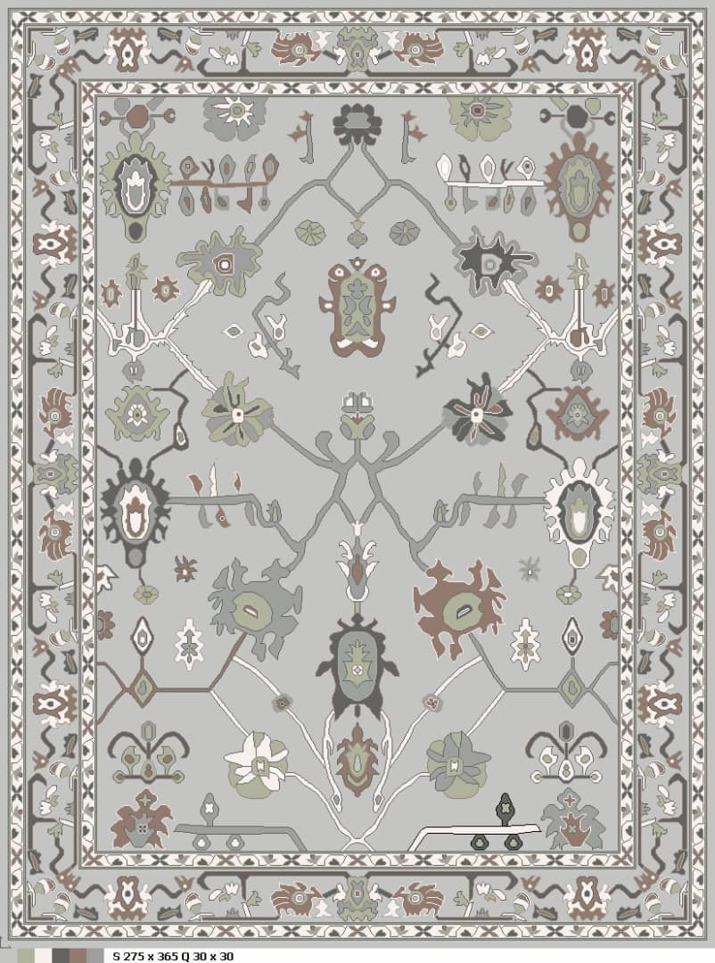 Handwoven Afghan Rug 12'2" × 9'0" Botanical Field Stone Olive Taupe Wool Area Rug · Decorative rug with intricate patterns on a gray background