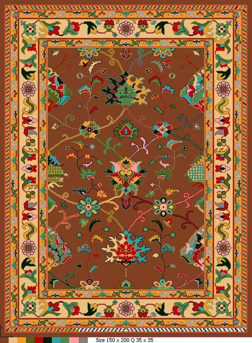 Decorative rug with intricate floral patterns and a colorful border on a brown background