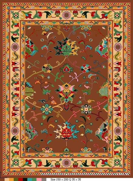 Decorative rug with intricate floral patterns and a colorful border on a brown background