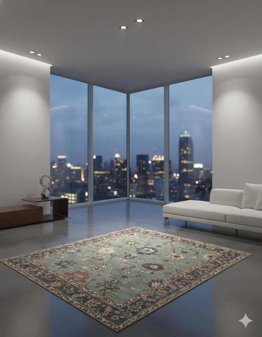 Hand-knotted Oushak rug in a Boston interior — Raihan Rugs