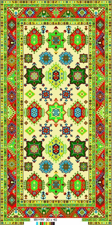 Colorful geometric patterned rug with vibrant colors on a beige background