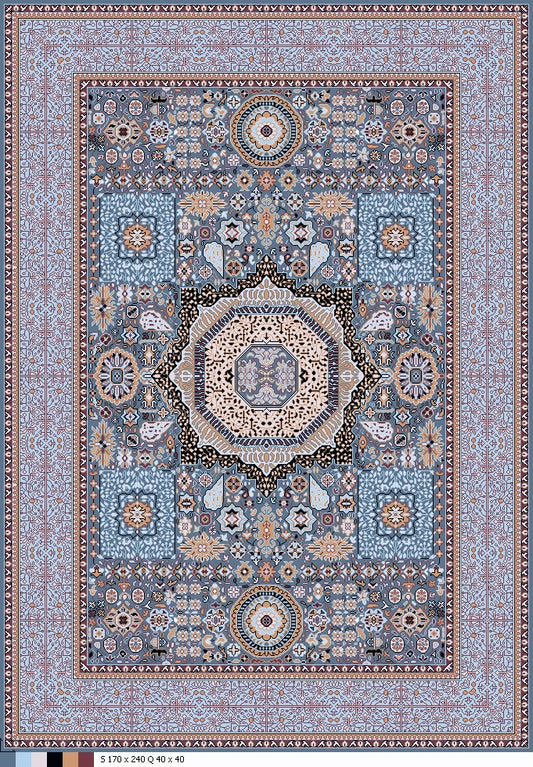 Decorative rug with intricate patterns and colors on a plain background