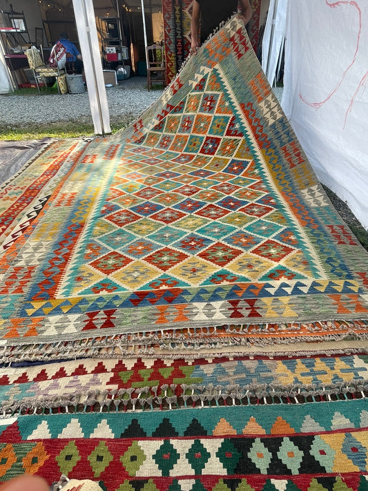 Handwoven Kilim Rug – Uzbek Tribal Kilim 10 X 6'8", Ghazni wool, handwoven kilim rug, uzbek tribal kilim 10 x 6'8" design,...