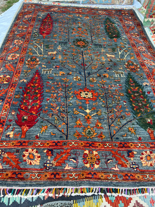 Khurjin Rug — Tree of Life (Sky Blue/Multi) Hand-Knotted Wool | 6′7″ × 9′10″ handwoven Hand-Knotted Rug rug, traditional pat