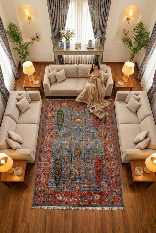 Khurjin Rug — Tree of Life (Sky Blue/Multi) Hand-Knotted Wool | 6′7″ × 9′10″ handwoven Hand-Knotted Rug rug, traditional pat