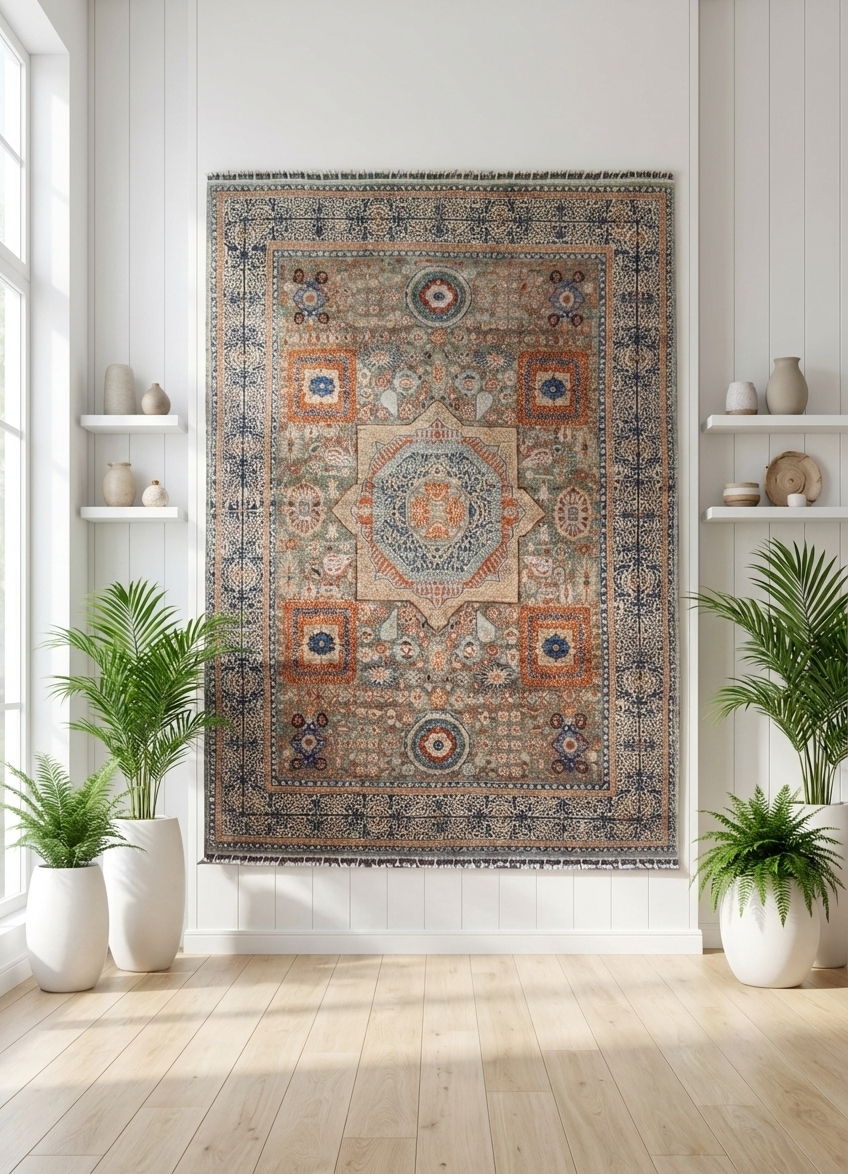 nan handwoven handwoven rug, traditional pattern, wool, detail view