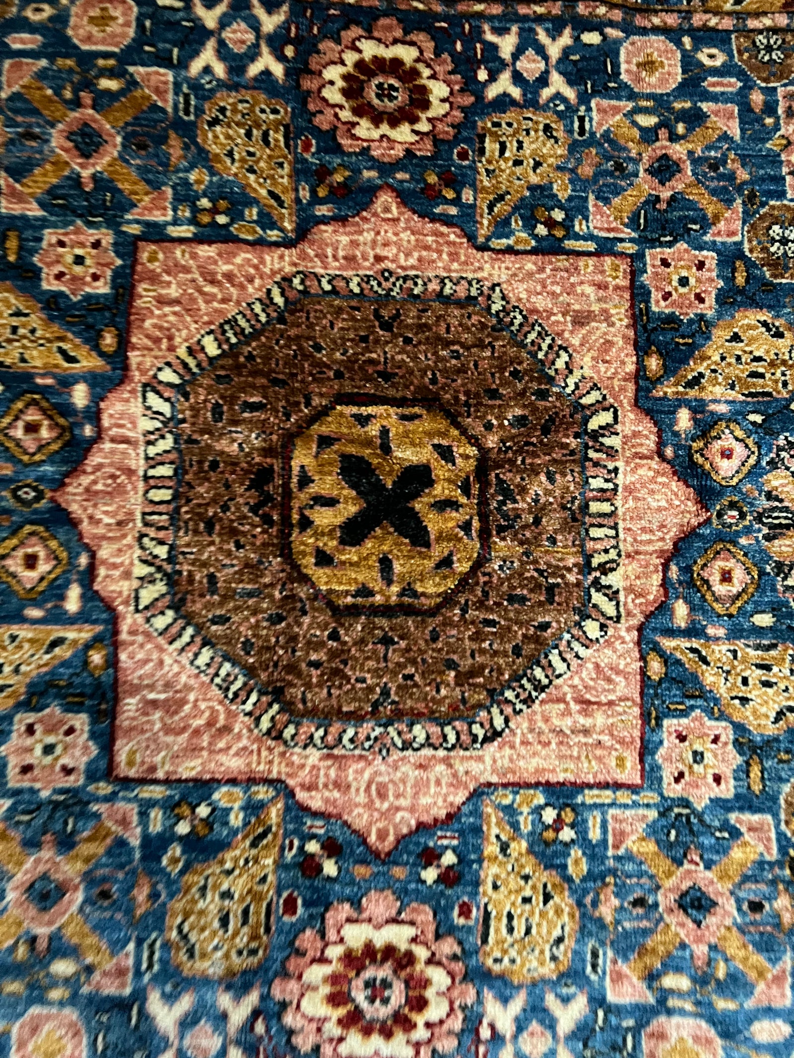 Square Medallion (Rust/Indigo) — Hand-Knotted Wool Rug | 3′03″ × 3′03″ · nan handwoven handwoven rug, traditional pattern, wool, detail view