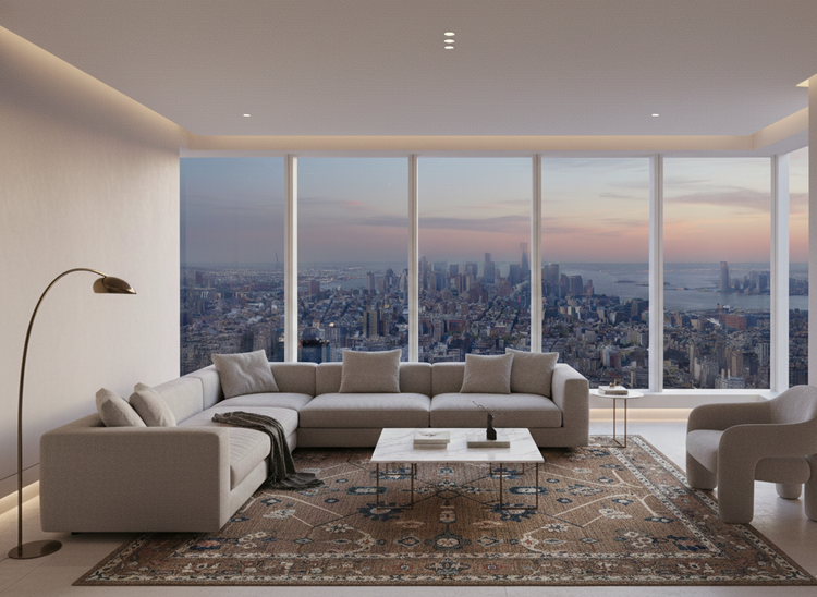 Modern living room with a cityscape view through large windows.