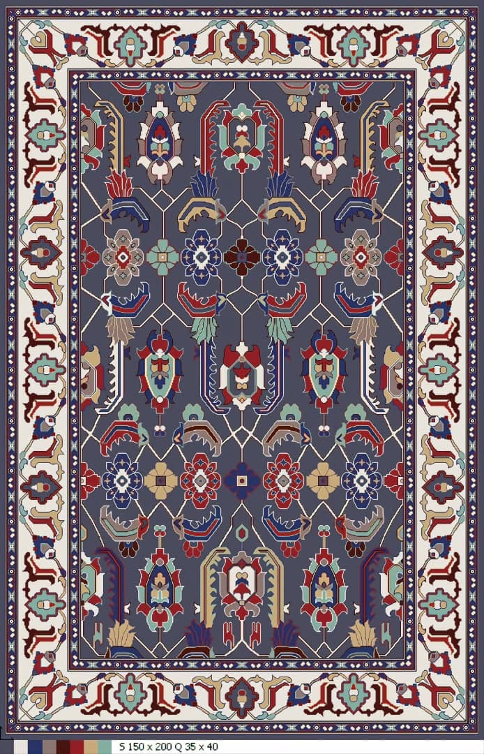 Handwoven Afghan Rug – Ornamental Lattice (Charcoal/Multi) — Hand, Wool · Decorative rug with intricate patterns on a blue background