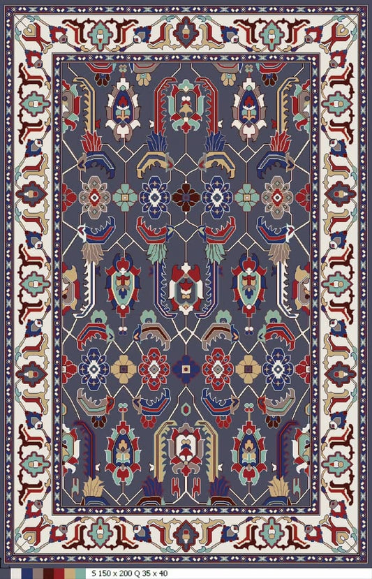 Decorative rug with intricate patterns on a blue background