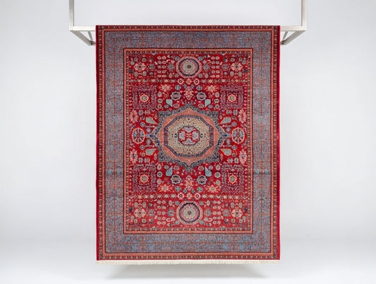 Handwoven Afghan Rug – Heritage Medallion (Ivory/Crimson/Blue) — Hand, Ghazni wool