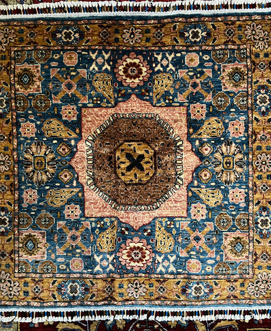 Square Medallion (Rust/Indigo) — Hand-Knotted Wool Rug | 3′03″ × 3′03″ handwoven Hand-Knotted Rug rug, traditional pattern, 