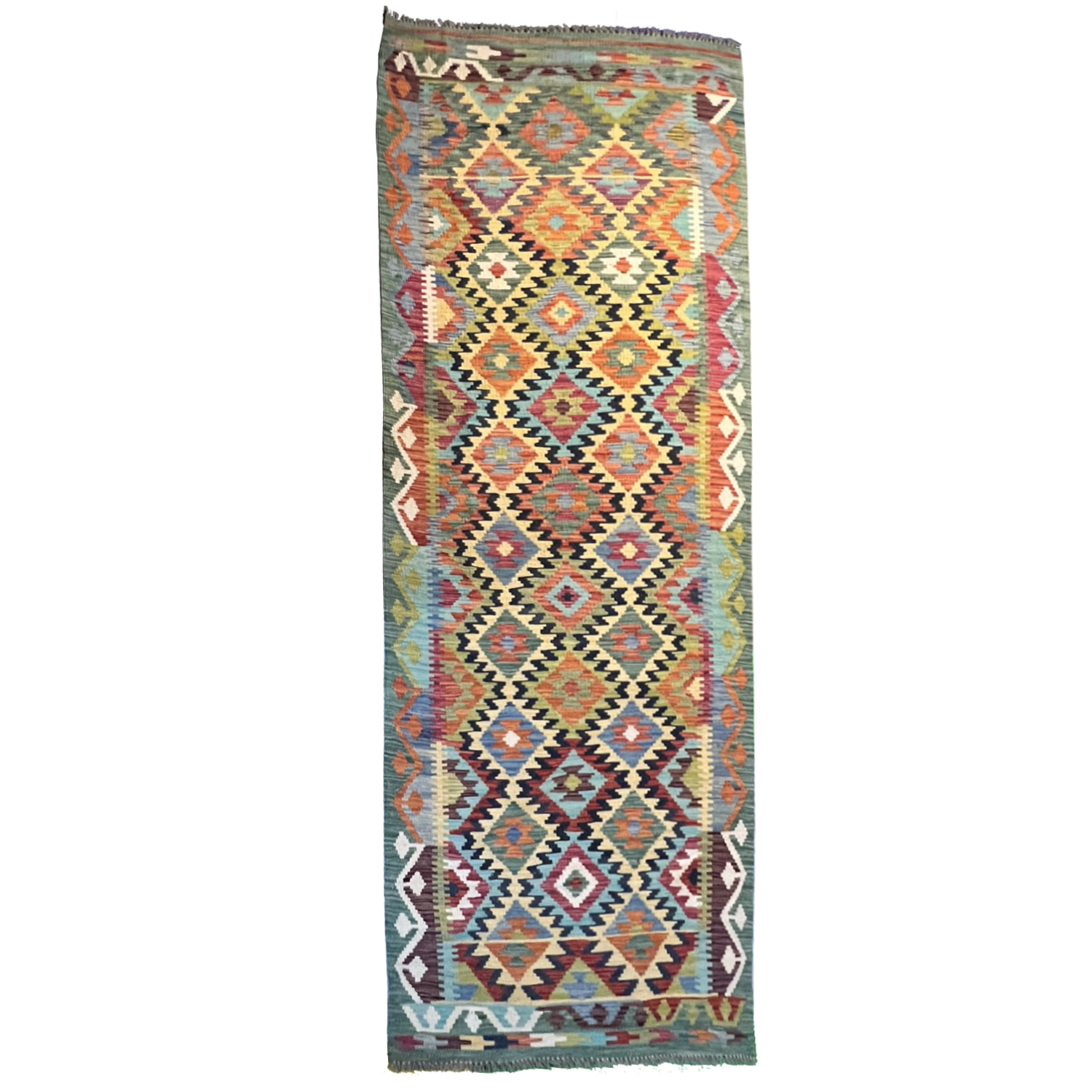 Kilim Tribal Handwoven Rug 2’1’’ X 9’8’’ handwoven Rug rug, traditional pattern, wool, full view