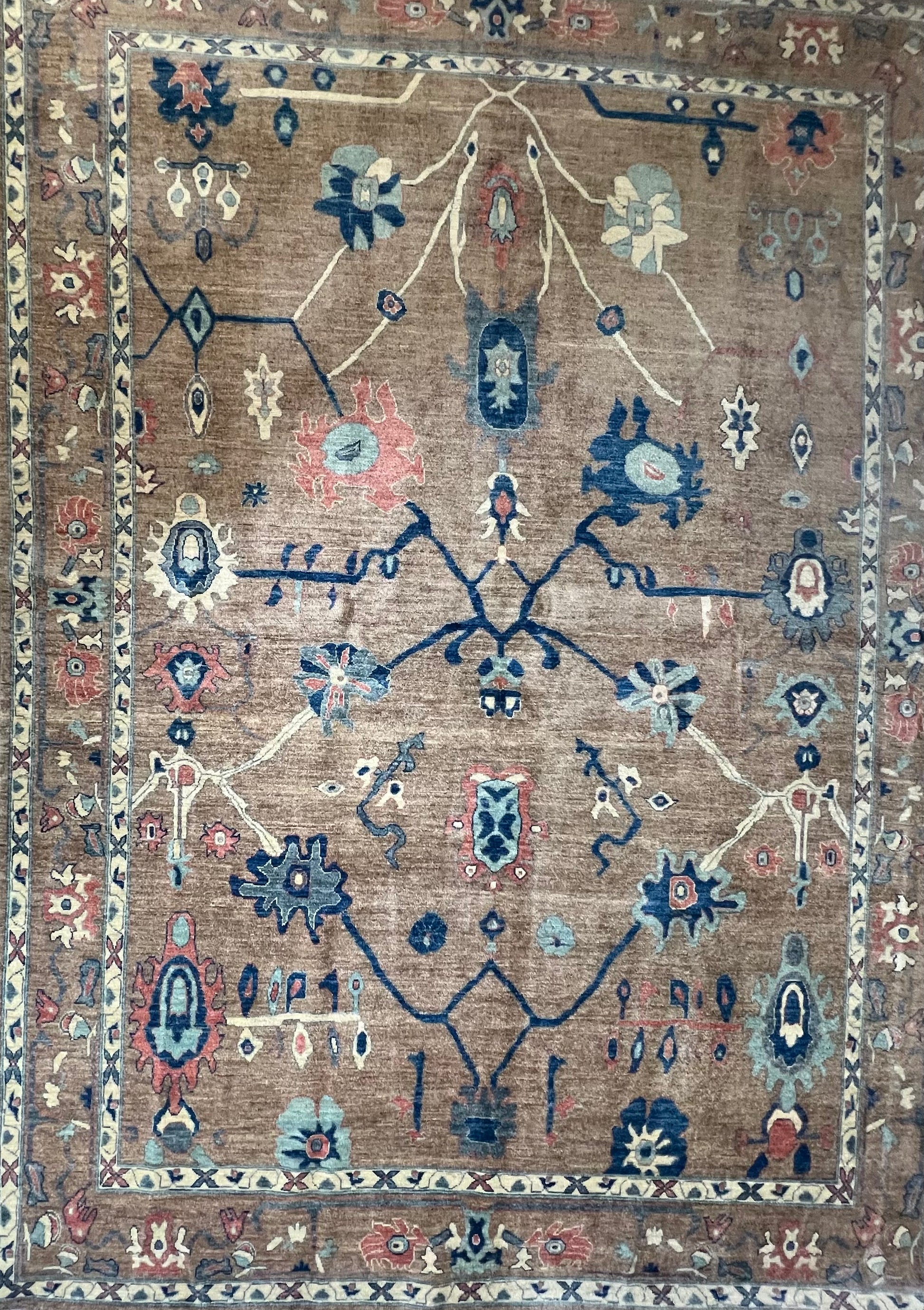 Afghan botanical field rug handwoven wool stone olive taupe detail traditional artisan craftsmanship premium area rug

