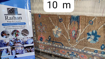 Raihan Rugs & Carpets packaging with a section of a decorated rug displayed, showing floral patterns.