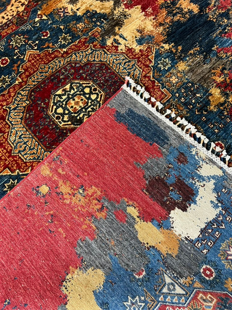 Hand-Knotted Mamluk Rug 7'11" × 5'10" Ghazni Wool Traditional Afghan Area Rug · Handwoven Gabbeh Ghazni wool rug Persian tribal texture closeup artisan craftsmanship detail

