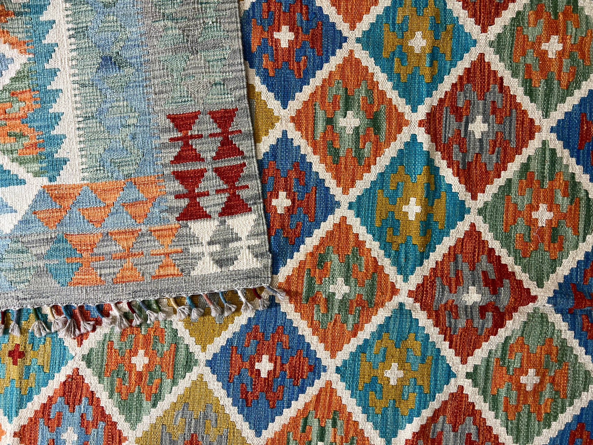 Handwoven Kilim rug Afghan wool tribal design view luxury flatweave area rug

