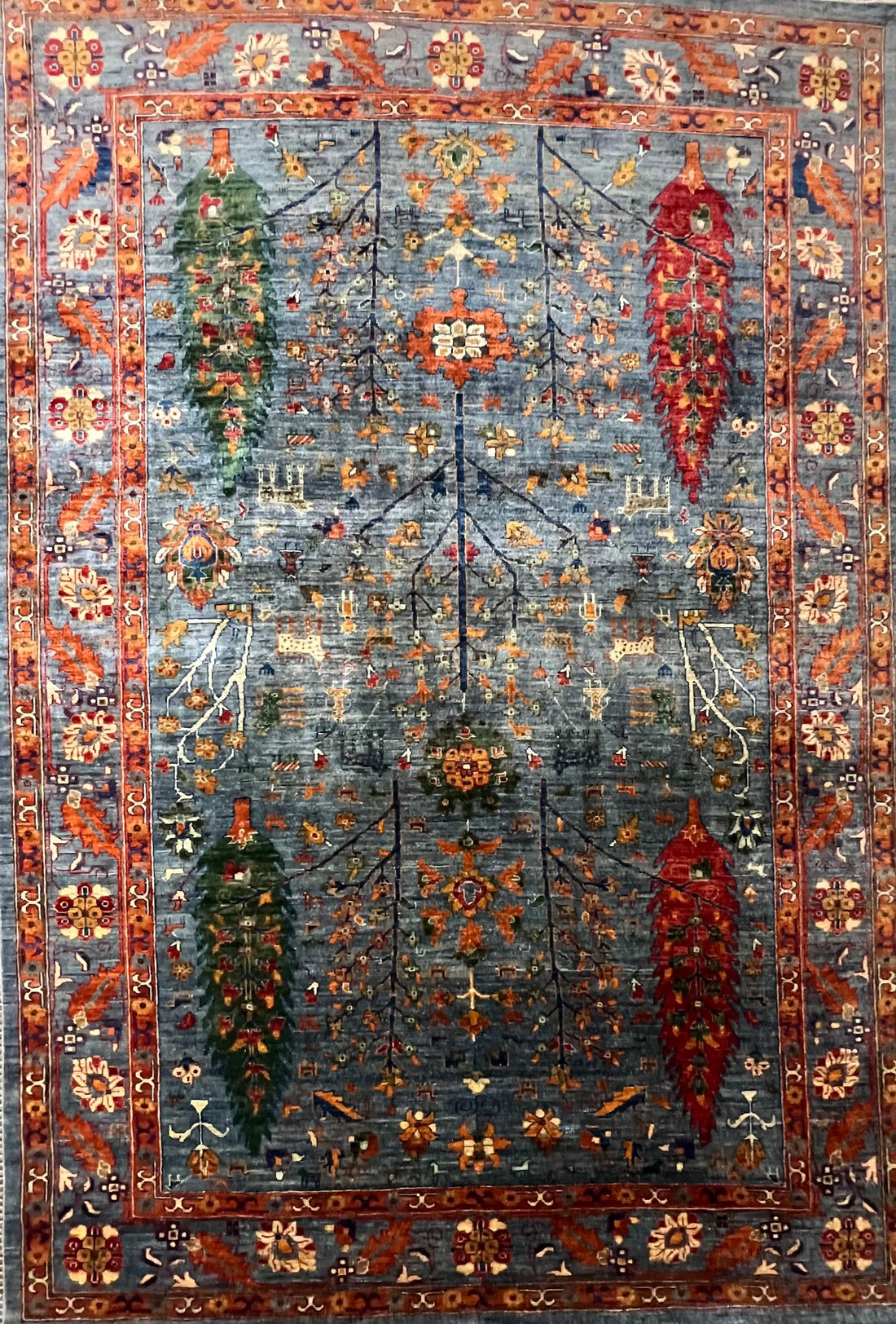 Khurjin rug Tree of Life hand-knotted wool 9 feet 8 inches x 6 feet 7 inches Afghan sky blue luxury area rug

