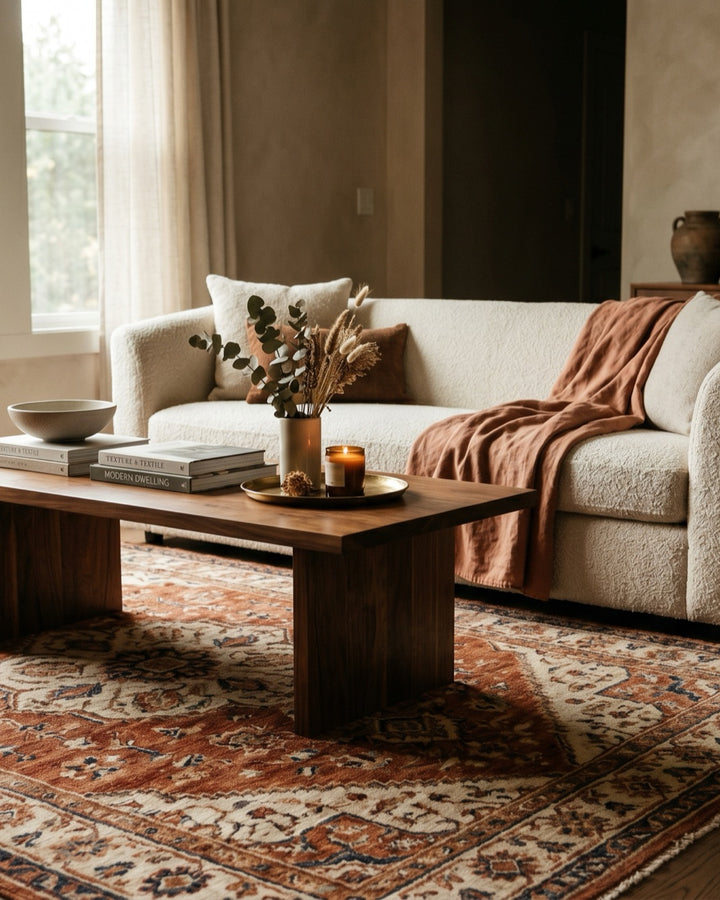 Hand-knotted Afghan wool rug in ivory and terracotta anchoring a warm modern living room