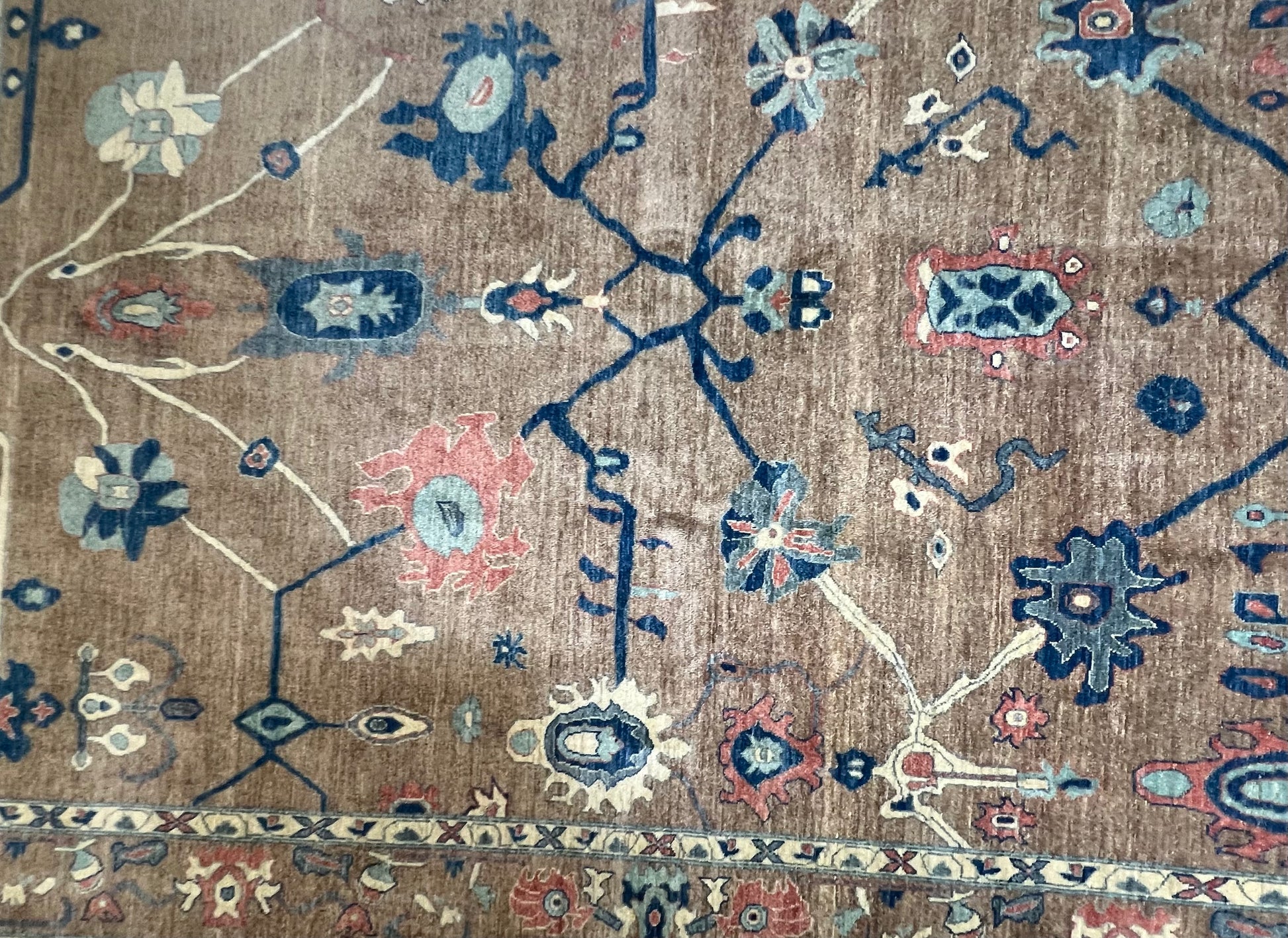 Luxury botanical field Afghan rug handwoven wool stone olive pattern traditional artisan taupe area rug

