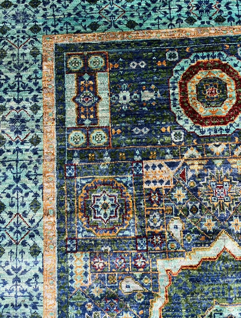 Mamluk Luxury Hand-Knotted Wool Rug – 6′1″ × 4′2″ | Afghan Craftsmanship · Close-up of Mamluk hand-knotted wool rug showing intricate geometric patterns and dense pile
