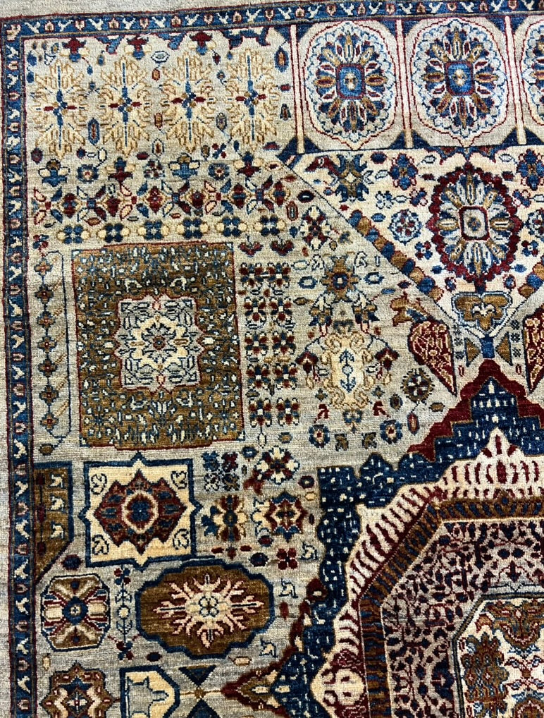 Mamluk Luxury Hand-Knotted Wool Rug – 7′1″ × 5′0″ | Afghan Craftsmanship · Close-up of Mamluk hand-knotted wool rug showing intricate geometric patterns and fine knot density
