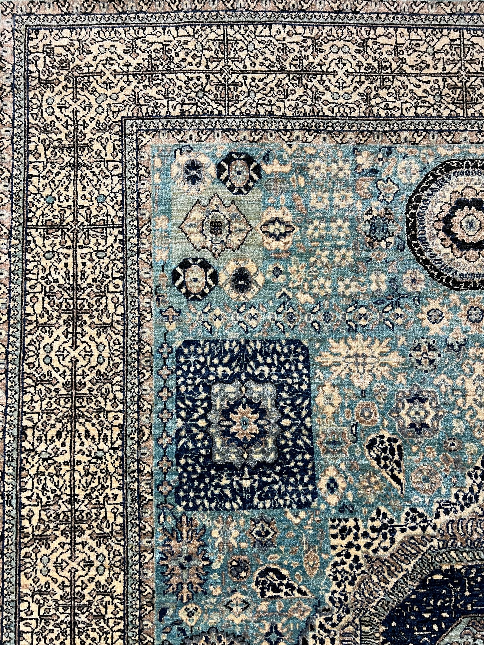 Handwoven Afghan Rug – Heritage Medallion (Azure/Lilac/Crimson) — Hand, Ghazni wool · Mamluk hand-knotted rug corner detail - dense pile and refined craftsmanship