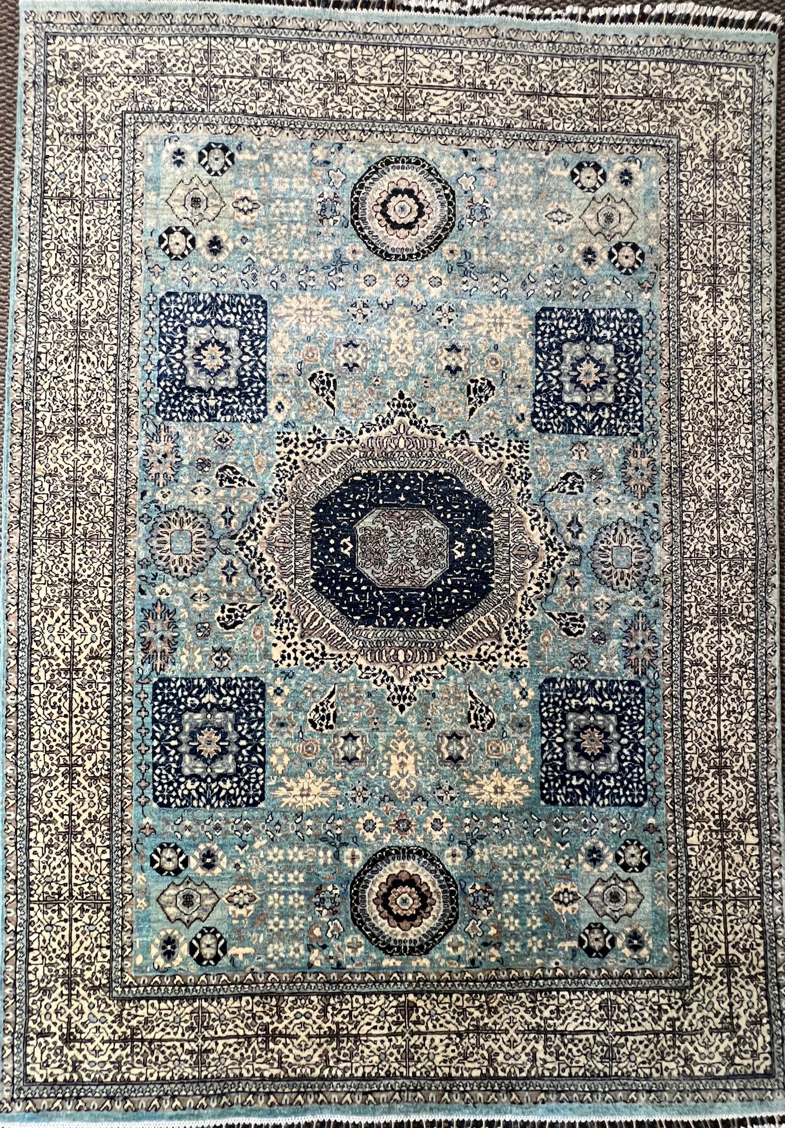 Handwoven Afghan Rug – Heritage Medallion (Azure/Lilac/Crimson) — Hand, Ghazni wool · Mamluk hand-knotted rug detail - intricate geometric medallion and Afghan craftsmanship
