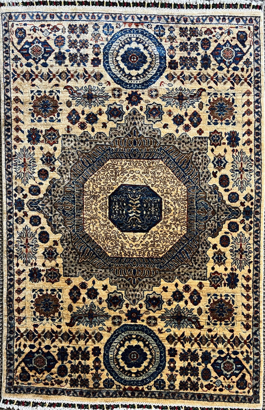 Mamluk hand-knotted wool rug 5 feet 1 inch x 3 feet 5 inches Afghan Oriental geometric Islamic luxury area rug

