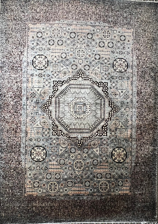 Mamluk luxury hand-knotted wool rug 7'10" x 5'7" - full view showing geometric pattern