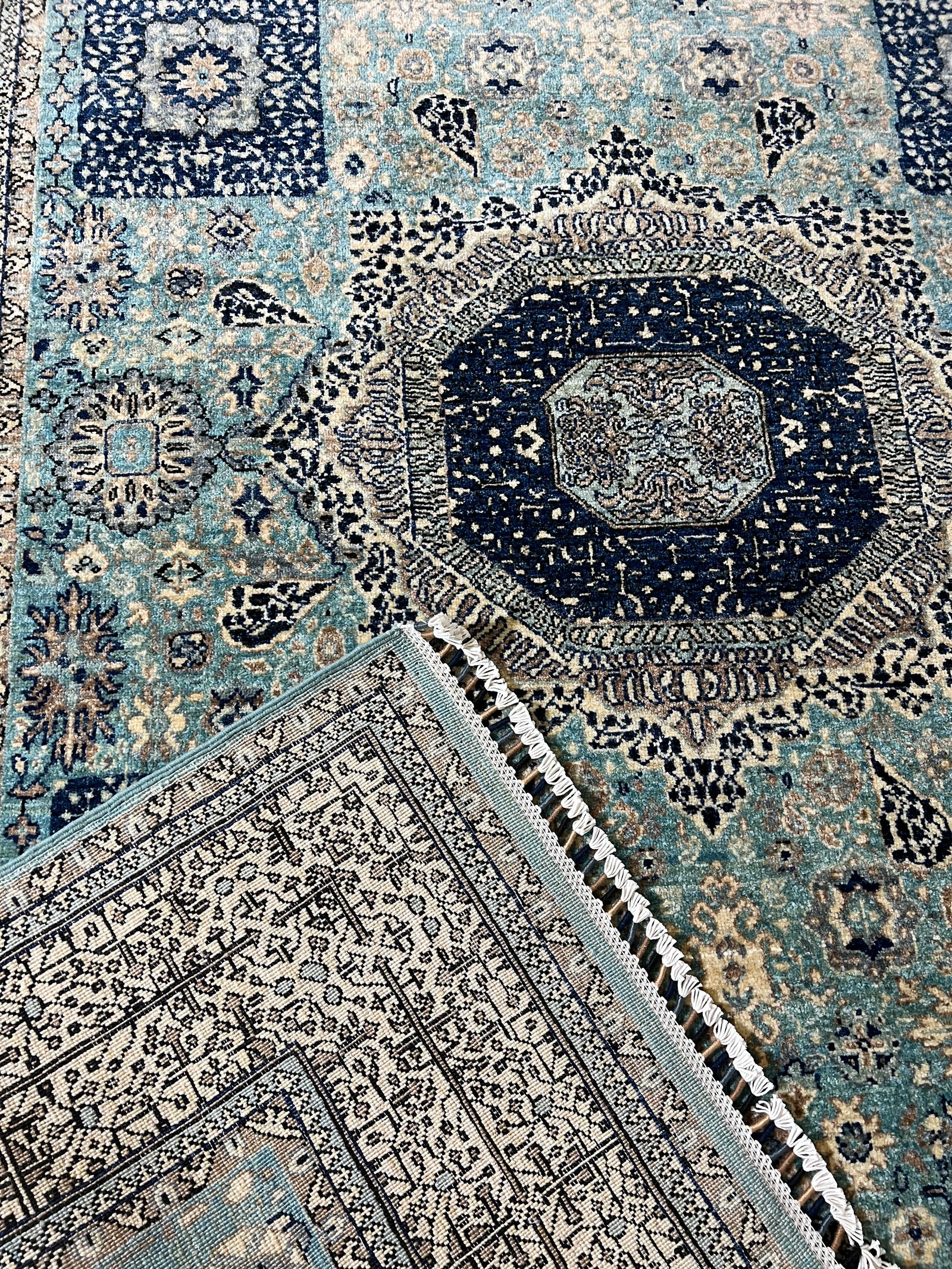 Handwoven Afghan Rug – Heritage Medallion (Azure/Lilac/Crimson) — Hand, Ghazni wool · Mamluk luxury rug weaving detail - hand-knotted Afghan craftsmanship and wool quality