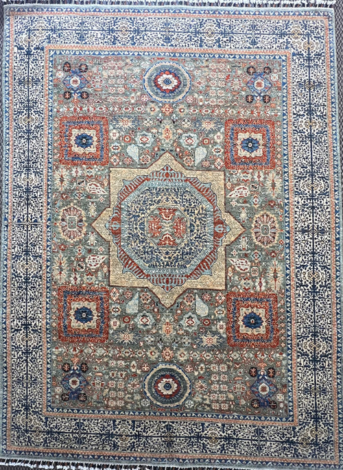 Hand-knotted Mamluk wool rug 7.9 x 5.8 feet Afghan artisan luxury Oriental area rug

