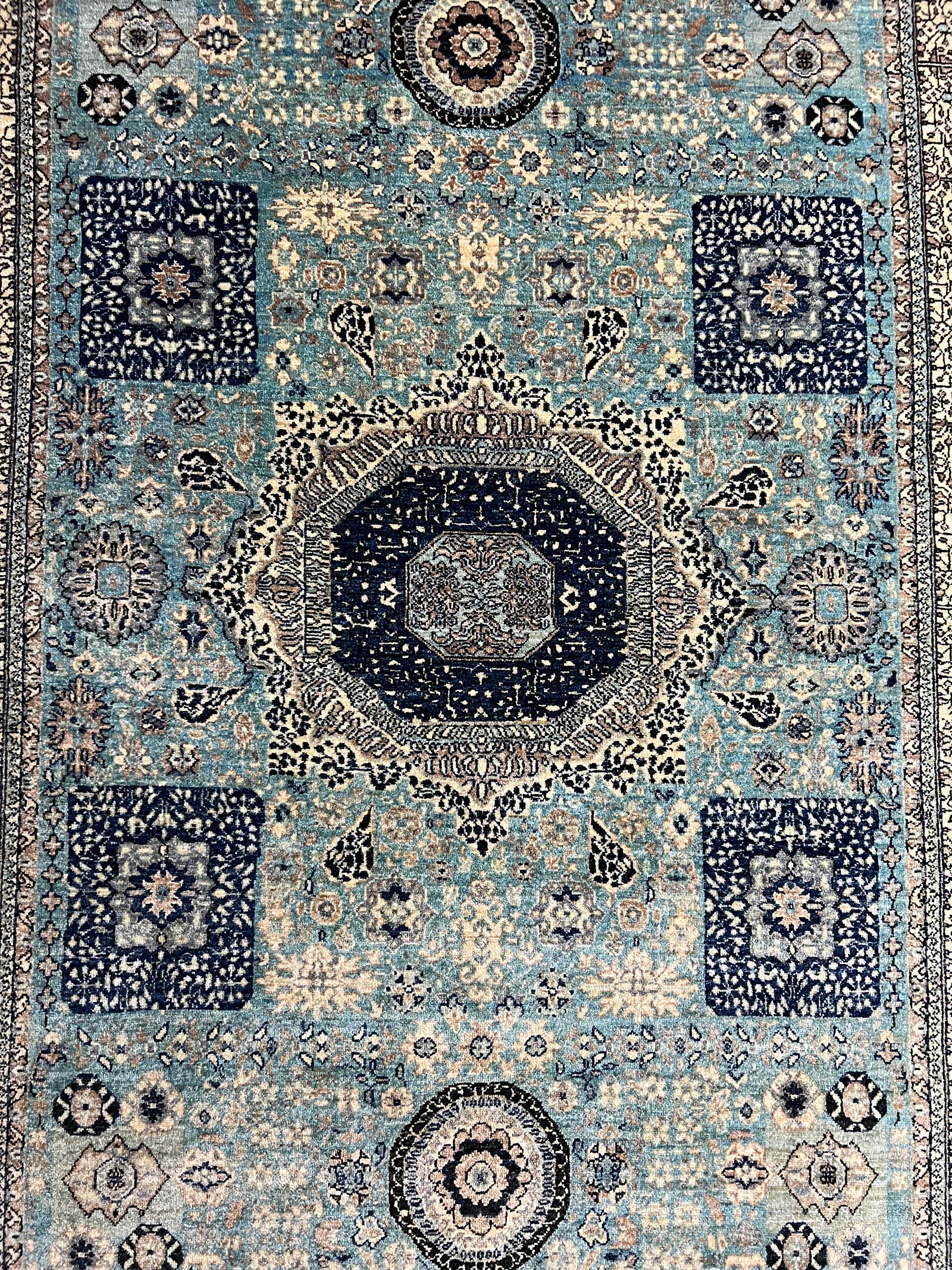 Handwoven Afghan Rug – Heritage Medallion (Azure/Lilac/Crimson) — Hand, Ghazni wool · Mamluk wool rug close-up - premium Ghazni wool texture and natural dyes