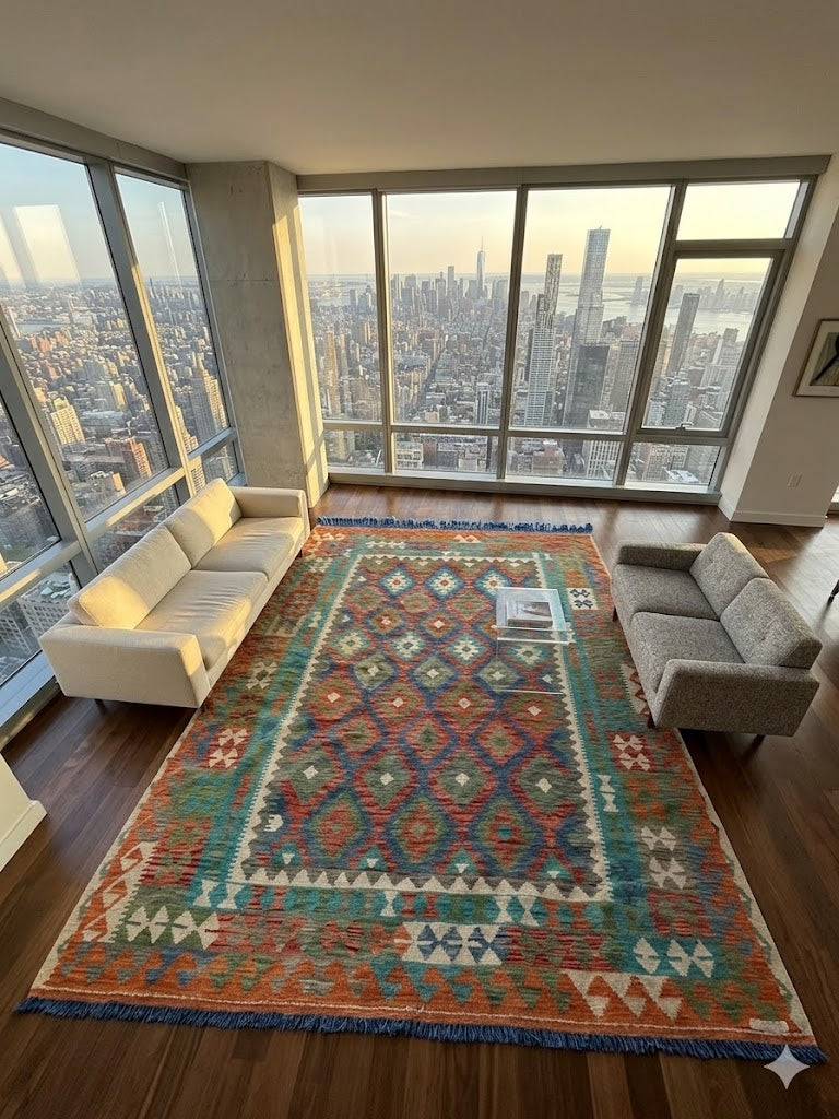 Handwoven Tribal Rug – Uzbek, Ghazni wool, 6′9″ × 9′9″ · Handwoven Tribal Rug – Uzbek, Ghazni wool, 6′9″ × 9′9″