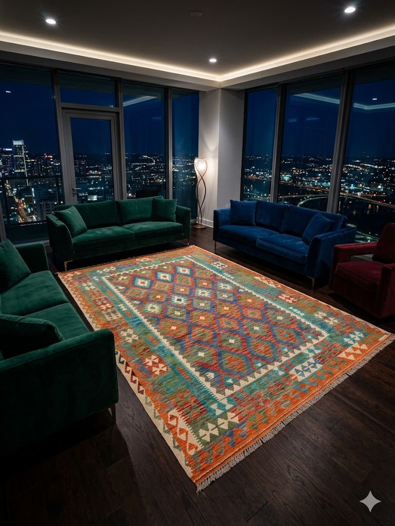 Handwoven Tribal Rug – Uzbek, Ghazni wool, 6′9″ × 9′9″ · Handwoven Tribal Rug – Uzbek, Ghazni wool, 6′9″ × 9′9″